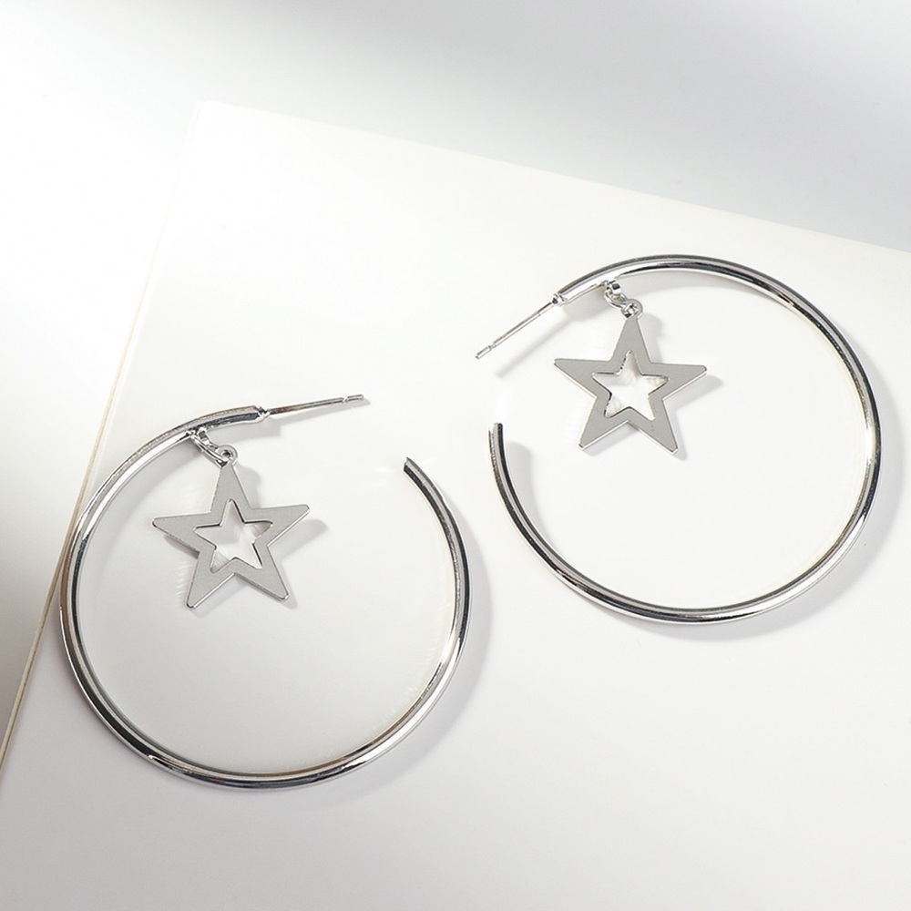 Silver 3/4 Hoops w/Dangling Star Earrings - Picture 3 of 7